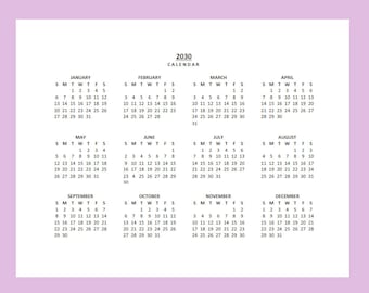 2030 Yearly Calendar Printable, Sunday Start, Year at a Glance , Lanscape, Legal, PDF