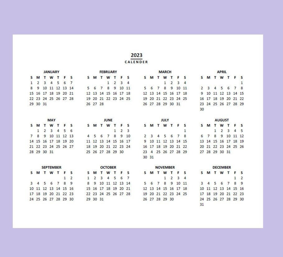 2023 Yearly Calendar Printable, Sunday Start, Year at a Glance ...