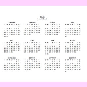 2028 Yearly Calendar Printable, Sunday Start, Year at a Glance , Landscape, Legal, PDF