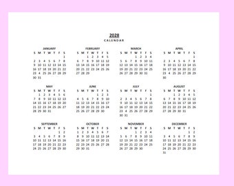 2028 Yearly Calendar Printable, Sunday Start, Year at a Glance , Lanscape, Legal, PDF