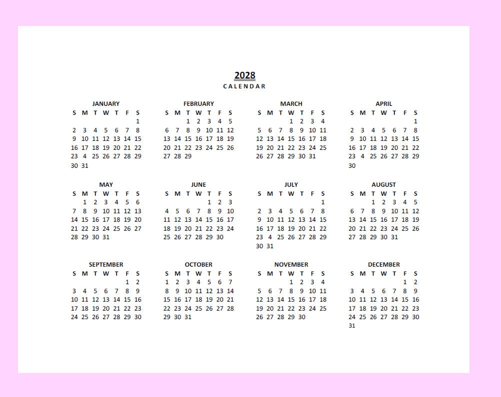 2028 Yearly Calendar Printable, Sunday Start, Year at a Glance , Landscape, Legal, PDF
