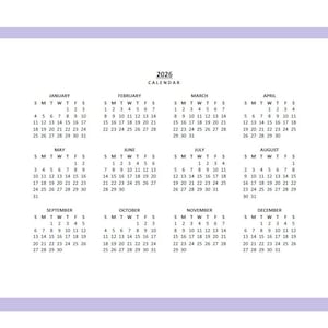 2026 Yearly Calendar Printable, Sunday Start, Year at a Glance , Landscape, Legal, PDF