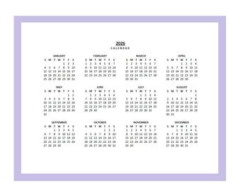 2026 Yearly Calendar Printable, Sunday Start, Year at a Glance , Landscape, Legal, PDF