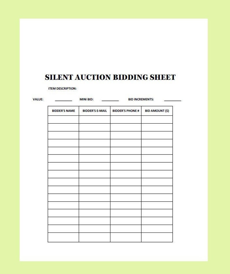 Silent Auction Bid Sheet with space for Logo, Portrait, Legal, PDF image 1