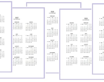 May include: A collection of white paper calendars for the years 2020, 2021, 2022, and 2023. Each calendar displays the months and days in a simple, black font. The calendars are arranged in a layered composition against a white background.