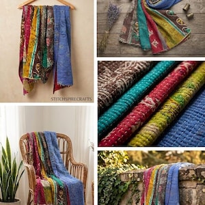 May include: A multi-coloured kantha quilt featuring patchwork fabric panels in shades of blue, yellow, red, and green with visible white running stitch embroidery throughout. The textile displays various floral and geometric patterns on cotton fabric.