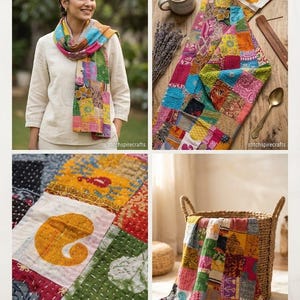 May include: A multi-coloured patchwork scarf featuring various fabric squares with floral, paisley, and geometric patterns in shades of yellow, pink, green, blue, and red. The scarf is constructed with visible white running stitch quilting details.
