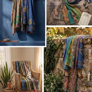 May include: A multi-coloured Kantha quilt featuring intricate stitching and diverse patterns in shades of blue, green, and brown. The textile displays various motifs including birds and paisley designs, showcasing a layered, textured appearance throughout.