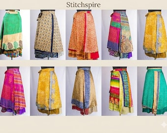 Vintage Silk Sari Wrap Skirt – Reversible Boho Maxi, Upcycled Clothing