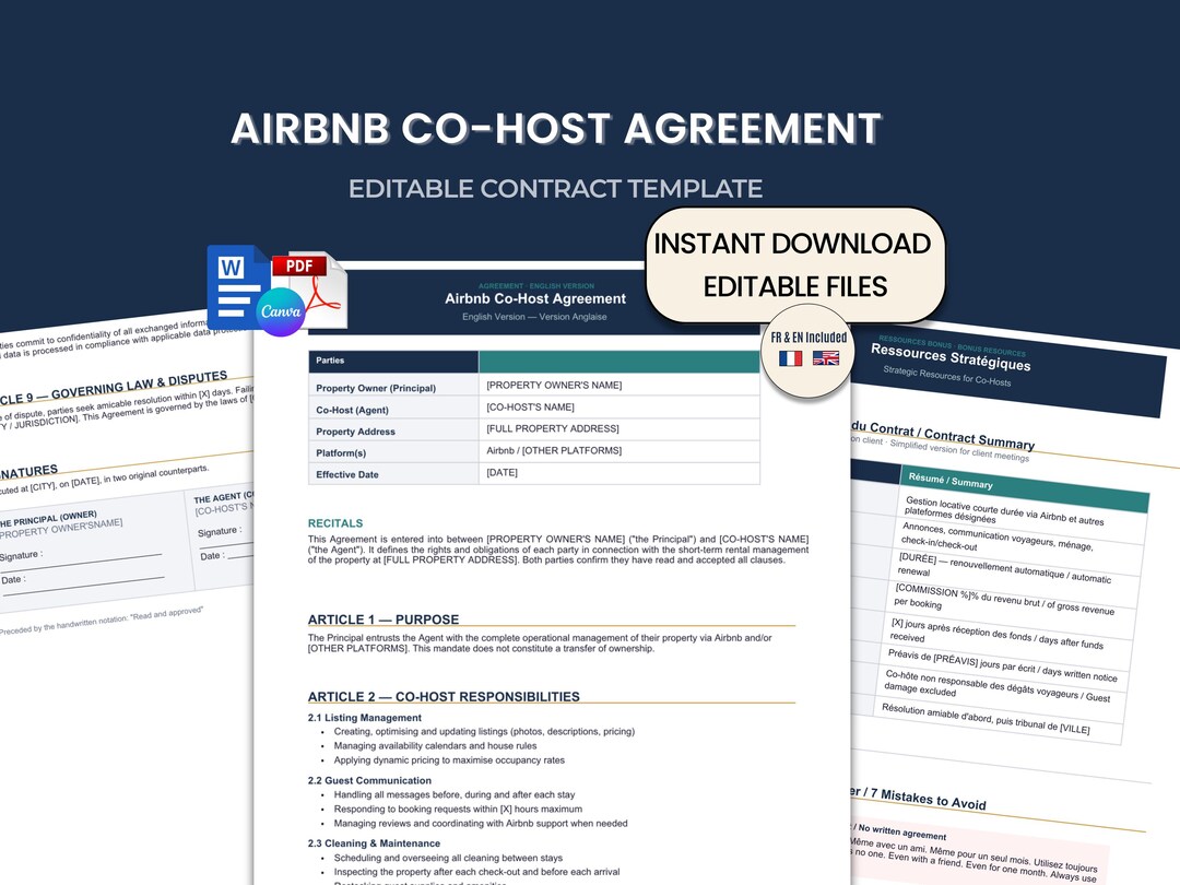 Airbnb Co Host Contract Template, Editable PDF Word, Instant Download ...