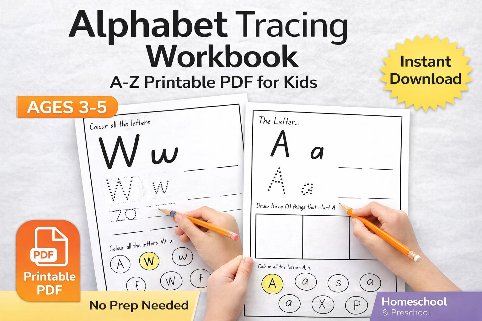 Alphabet Tracing Workbook A-Z Printable PDF for Kids Ages 3-5 Preschool ...