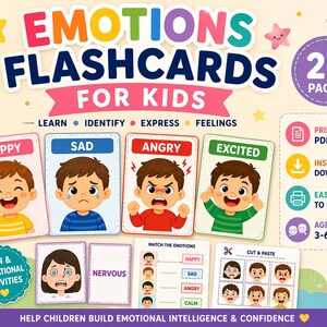 May include: A set of colourful flashcards for children, labelled "EMOTIONS FLASHCARDS FOR KIDS". The cards show illustrations of children displaying emotions such as happy, sad, angry, and excited. Includes "Fun & Educational Activities" and "Ages 3-6".