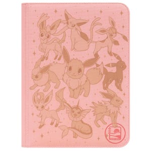 May include: A light pink rectangular binder featuring a repeating pattern of various Eevee evolution characters in a darker pink outline. The cover includes small star accents and a circular logo in the bottom right corner with a landscape icon.