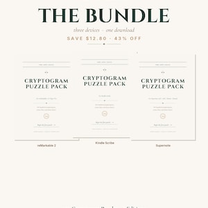 Könnte beinhalten: Ein digitales Produktpaket mit dem Titel "THE BUNDLE" mit drei Geräten und einem Download. Das Paket enthält drei "CRYPTOGRAM PUZZLE PACK"-Editionen für reMarkable 2, Kindle Scribe und Supernote. Der Text "INK AND LOGIC" und "A COMPLETE COLLECTION" sind ebenfalls sichtbar.