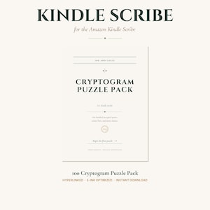 May include: A cream-colored digital product advertisement for the Kindle Scribe. The text reads "Kindle Scribe" and "Cryptogram Puzzle Pack." The product is described as a 100 Cryptogram Puzzle Pack, hyperlinked, e-ink optimized, and an instant download.