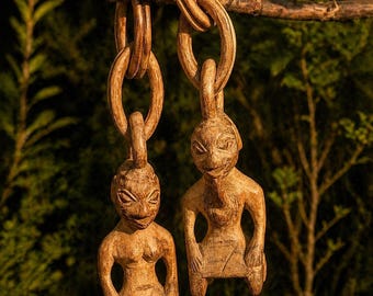 Hand Carved Wooden Hanging Sculpture – African Tribal Couple Chain – Vintage Boho Wall Decor