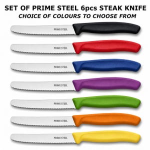 May include: A set of six steak knives with serrated blades and coloured handles. The handles are black, red, blue, purple, green, orange, and yellow. The text "PRIME STEEL" is printed on each blade. The text "SET OF PRIME STEEL 6pcs STEAK KNIFE CHOICE OF COLOURS TO CHOOSE FROM" is at the top.