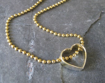 Sterling heart pendant necklace on gold plated ball chain -- mixed metals gold and silver  -- Valentine