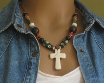 African trade bead necklace with white turquoise cross on leather cord