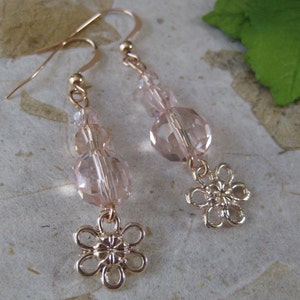 Rose Gold Crystal Dangle Earrings: Flower Charm, Blush Pink