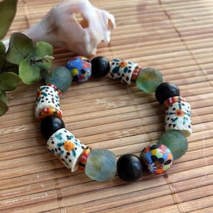African trade bead bracelet with hand painted antique Krobo beads, recycled glass and black wood beads, Mali spacers, fused glass beads