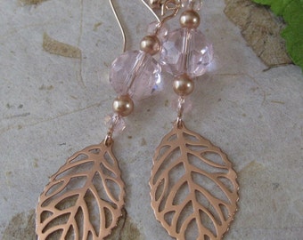 Rose gold filled leaf dangle earrings with rose pearls and crystals - dusty rose gold - blush pink rose gold — 3” in length