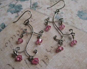 Sterling silver twig chandelier earrings with cherry blossom pink crystals