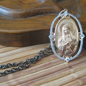 Blessed Mother Mary gold filled pendant necklace with pave cubic zirconias on gunmetal black soldered chain -  mixed metals black and gold