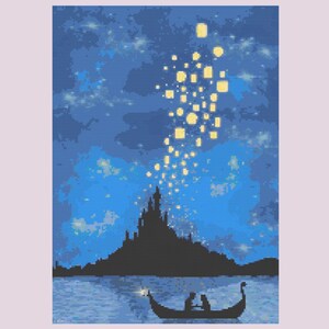 May include: A pixelated illustration of a nighttime scene. A dark silhouette of a castle sits atop a hill, with a boat on the water below. Floating lanterns ascend into a blue sky filled with stars.