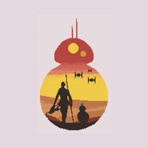 May include: A pixel art cross stitch pattern featuring a circular composition. The design depicts a silhouette of a person with a staff and a small spherical droid standing on a desert landscape against a yellow and orange sunset sky with three TIE fighters.