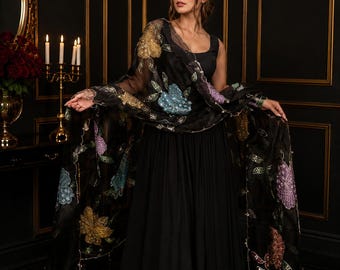 Black Anarkali Maxi Dress with Floral Embroidered Dupatta | Pakistani Party Wear Wedding Guest Outfit