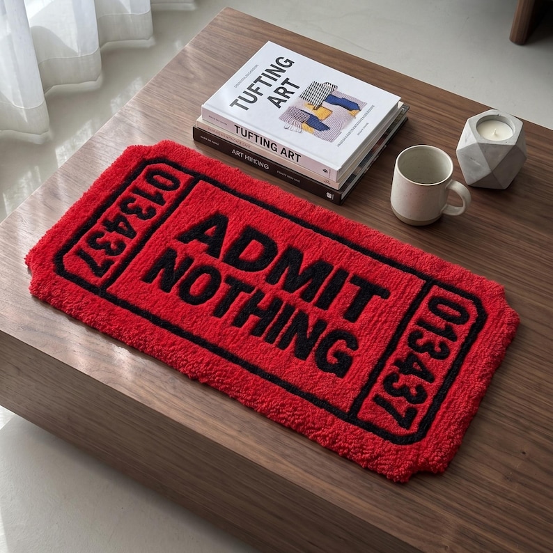 Puede incluir: Una alfombra rectangular roja de tejido tufting con un borde negro y el texto "ADMIT NOTHING" en letras negras negritas. El dise&ntilde;o imita un boleto vintage, con el n&uacute;mero "013437" impreso en negro en los extremos izquierdo y derecho.