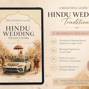 以下が含まれることがあります： デジタルタブレットには「ヒンドゥー教の結婚式の伝統への結婚ガイド」が表示されています。表紙には、装飾された車のある結婚式の行列が描かれています。ガイドでは、美しいイラストで21の重要な儀式を説明しています。