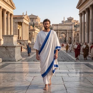 May include: A person with a beard wearing a white tunic with a blue diagonal stripe and a matching blue border on the sleeves, walking barefoot on a stone path in an ancient city setting with marble columns and buildings in the background.