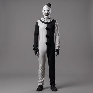Puede incluir: Un disfraz de payaso que consiste en un mono blanco y negro con diseño bicolor, tres pompones negros en la parte delantera, cuello y puños con volantes, guantes negros sin dedos, un pequeño sombrero de copa negro y una máscara de payaso blanca.
