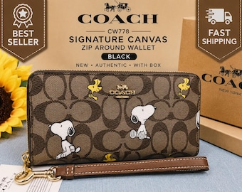 COACH x PEANUTS Long Zip around Wallet Snoopy Woodstock brown Signature F/S
