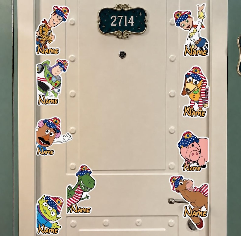 Personalized Toy Story 5 Disney Cruise Line balloon magnet, Woody Buzz Lightyear Jessie Family Cruise Stateroom Magnet, US Flag Sign