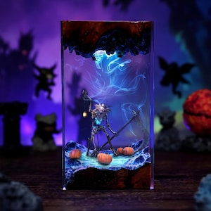 Fiddlesticks Resin Lamp, Scarecrow Diorama Night Light, Spooky Halloween Decor, Custom Gamer Gift, Glowing Reaper Epoxy Wood Art Lamp