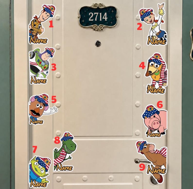 Personalized Toy Story 5 Disney Cruise Line balloon magnet, Woody Buzz Lightyear Jessie Family Cruise Stateroom Magnet, US Flag Sign