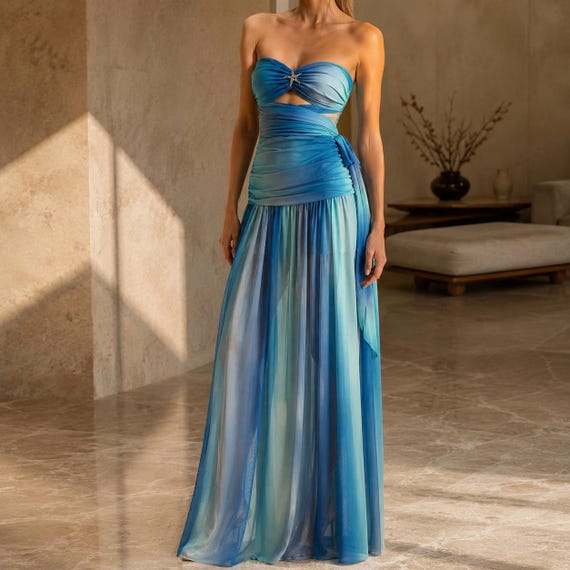 blue ombre strapless dress Maxi for Women, Starfish Detail Summer Beach Dress, Vacation Resort Gown Style:01622 NS15007 SID-FK1039S femsaura ʚĭɞೃ .