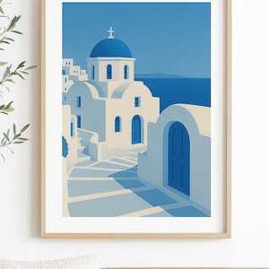 Greek Island Wall Art Print – Santorini Blue and White Architecture with Ocean View – Mediterranean Coastal Home Decor