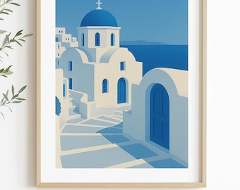 Greek Island Wall Art Print – Santorini Blue and White Architecture with Ocean View – Mediterranean Coastal Home Decor
