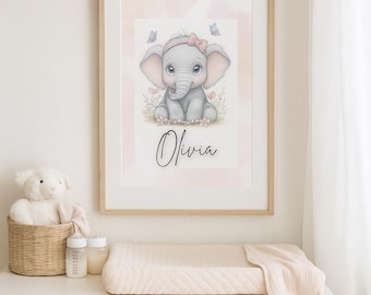 Custom Elephant Wall Art for Kids Room – Personalized Baby Nursery Decor with Name – Cute Pink & Grey Elephant Print