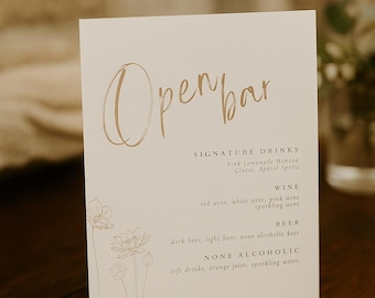 Elegant Open Bar Sign – Wedding Signature Drinks Menu Printable