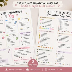 以下が含まれることがあります： KindleとApple Booksの読者向けの注釈ガイドが記載された2つの印刷可能なページ。ガイドには、色分けされたシステム、記号のショートカット、プロットポイントを強調表示および追跡するための重要なアイデアが記載されています。テキストには「Kindle Annotation Key」と「Apple Books Annotation Key Ideas」が含まれています。