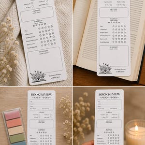 May include: White bookmark with a floral design and the words "BOOK REVIEW" at the top. The bookmark includes sections for title, author, genre, date, format, quotes, ratings, and a summary. The bottom reads "So many books, so little time."