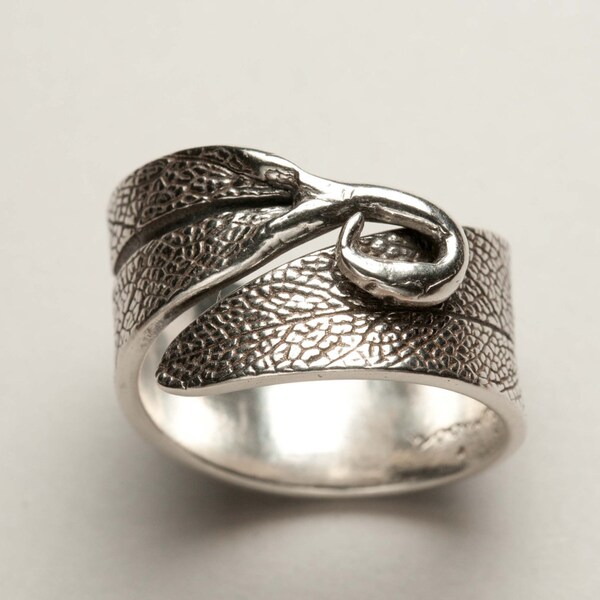 Silver Metal Clay Adjustable Ring with Textured Sage Leaf Pattern and a Swirled Stem