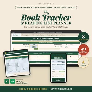 Op de afbeelding: Een digitale boeken-tracker en leeslijstplanner voor Excel en Google Sheets. De interface toont een leesdashboard, een leeslogboek en een boekdetailweergave met donkergroene en crèmekleurige accenten. De tekst bevat The Book Tracker & Reading List Planner, My Reading Dashboard en diverse leesstatistieken.