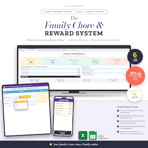Könnte beinhalten: Ein digitales Aufgaben- und Belohnungssystem für Excel und Google Sheets mit Familien-Dashboard, wöchentlichem Aufgabenplaner und Belohnungsshop. Die Benutzeroberfläche zeigt Punkte, Taschengeld-Tracking und Aufgabenlisten mit farbigen Diagrammen.