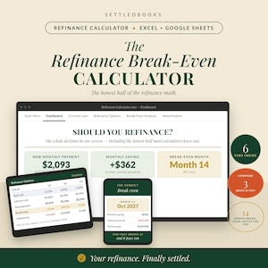 Refinance Calculator, Break-Even Analysis, Mortgage Savings Comparison (Excel, Google Sheets)